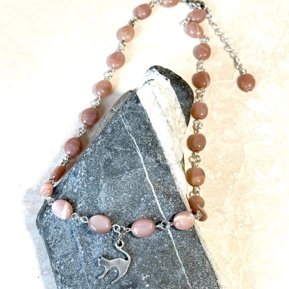Peach Moonstone Adjustable Choker, Cute Slim Cat Pendant + Genuine Gemstone - Picture 6 of 15